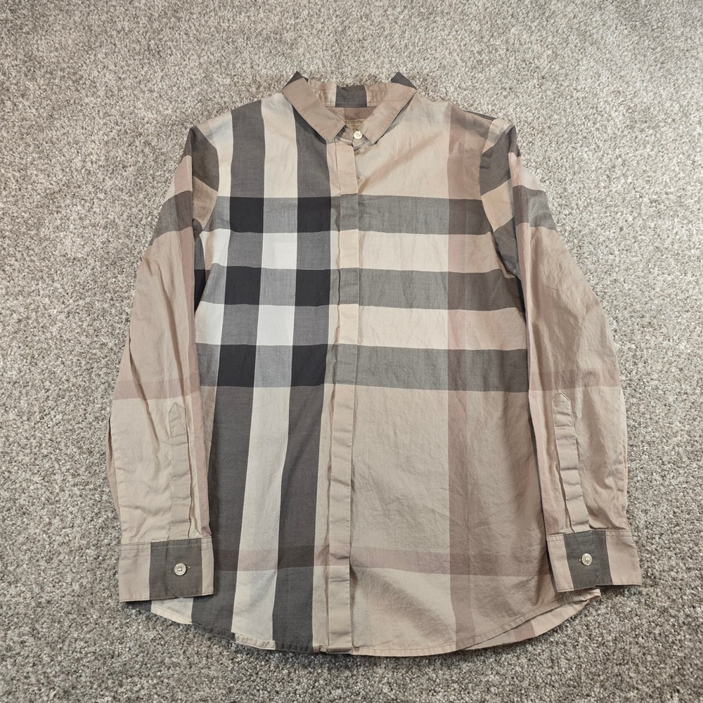 Burberry Brit woman Oversized Check Button Down Shirt Tan Grey Cotton TP XS